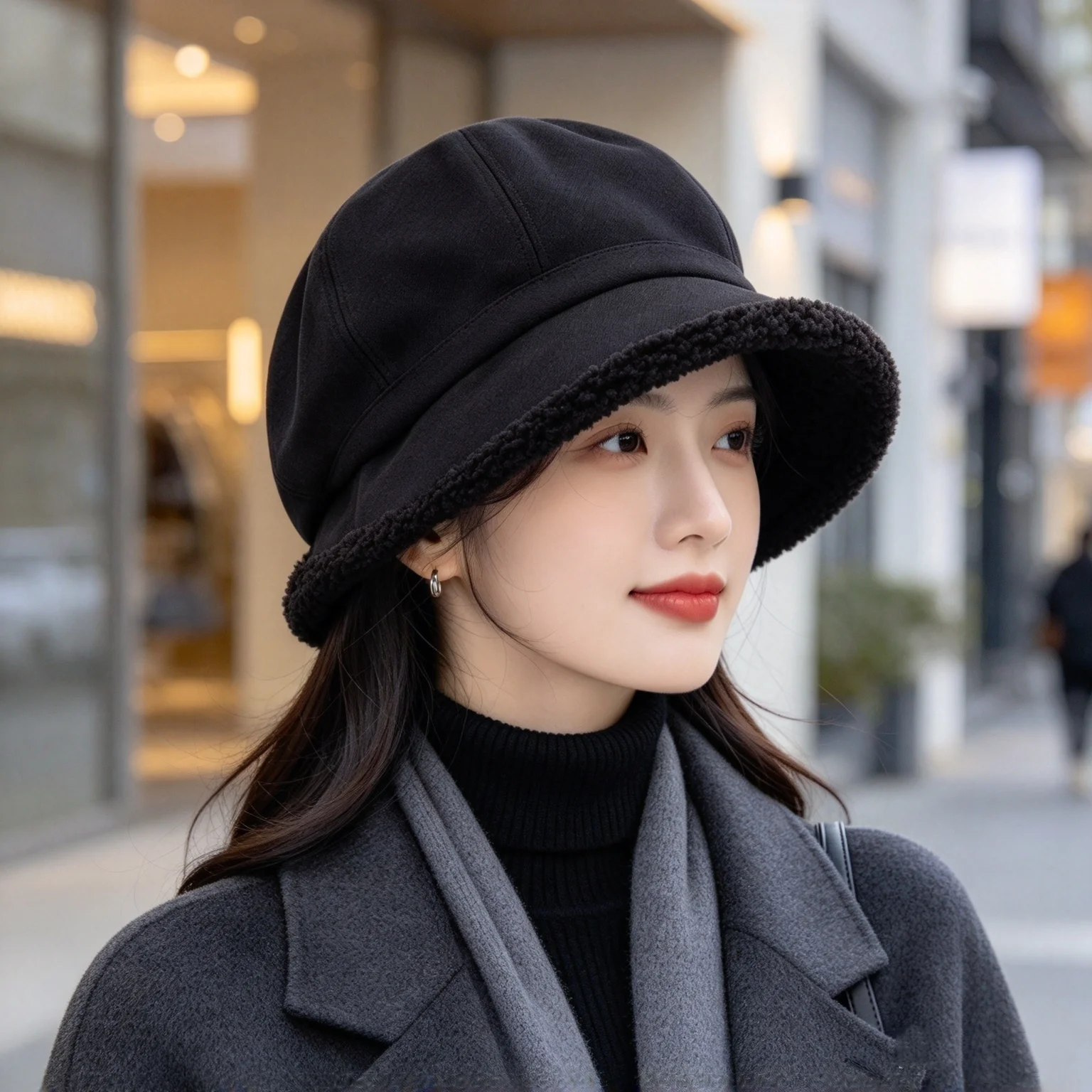 Vintage Lamb Wool Trimmed Octagonal Hat for Women, Autumn and Winter Woolen Material with Added Fleece for Warmth, Short-Brimmed Newsboy Hat for Daily Outdoor Photography, Artist Hat
