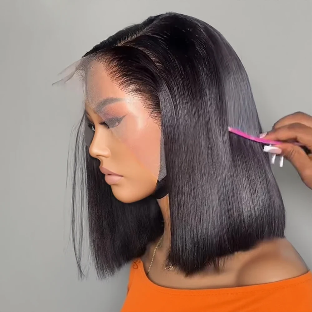Short Bob Wig 13x6 HD Bone Straight Brazilian Human Hair Wig Pre Plucked 13x4 Transparent Lace Frontal Wigs Natural Black
