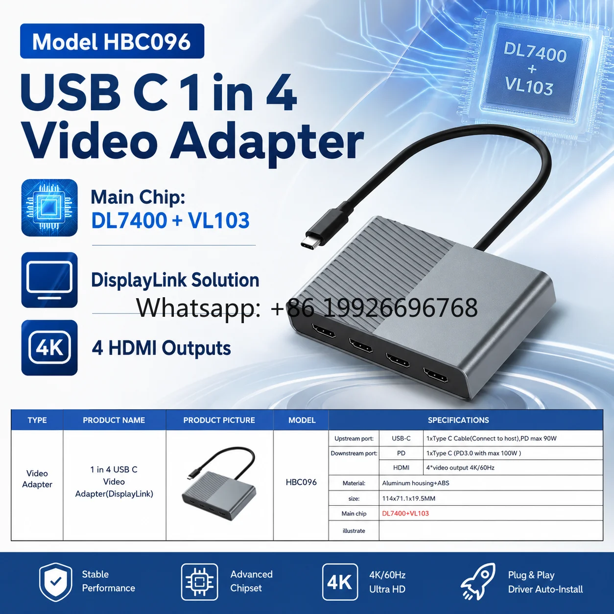 1-in-4 USB-C to Quad HDMI Adapter, DisplayLink 4K*60Hz Video Converter, 100W PD Charging, DL7400 Multi-Monitor Dock for Laptop