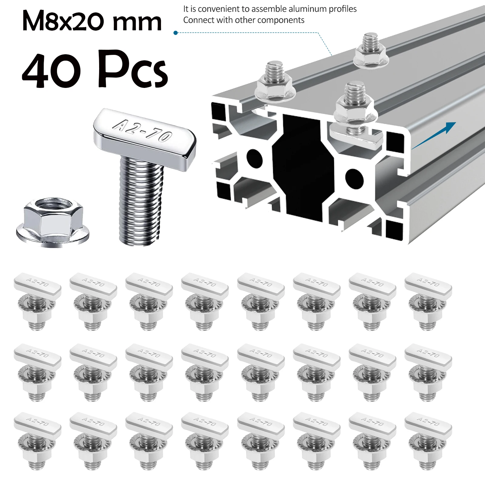 

40 Pcs Hammer Head Screws M8 x 20 mm 304 Stainless Steel T Screws and Flange Nuts for PV Solar Mounting Rails Photovoltaic Screw