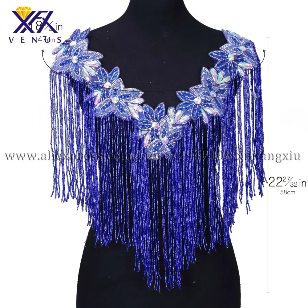 XFX VENUS New Wholesale Blue Color Wedding Embroidered Rhinestone Tassels Style V-neck Patches for Clothing Beaded Applique 1pc