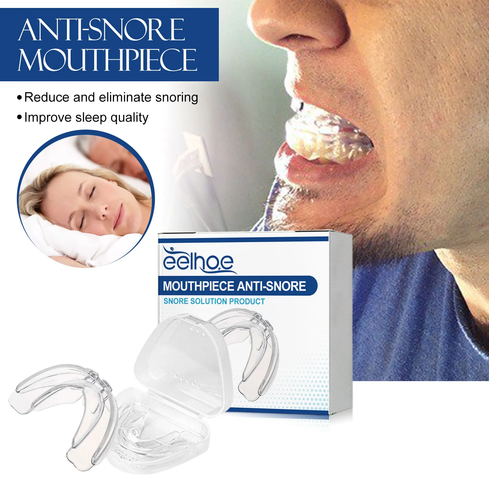 Eelhoe-aparatos antirronquidos para rechinar los dientes, Protector bucal de respiración, bandeja Dental, dispositivo para dejar de roncar, mejora el sueño