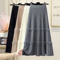 Lace Ruffle Knitted Midi Pleated Skirt Women Autumn Winter High Waist Umbrella Solid Skirt Stitching A-Line Skirt Long Skirt