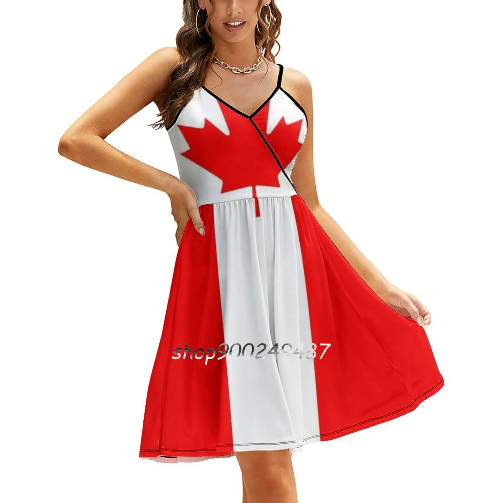 

Flag Of Canada Sling Dress Sexy Dress Female High Waist Dresses For Women Flag Canadian National White Red Canada Leaf Symbol