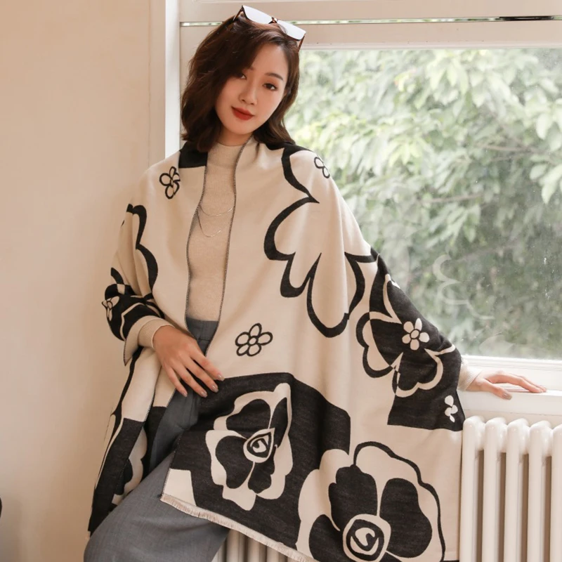 

Warm Winter Scarf for Women Luxury Floral Pashmina Shawls Thick Cashmere Blanket Chunky Stoles Lady Elegant Poncho Bufanda