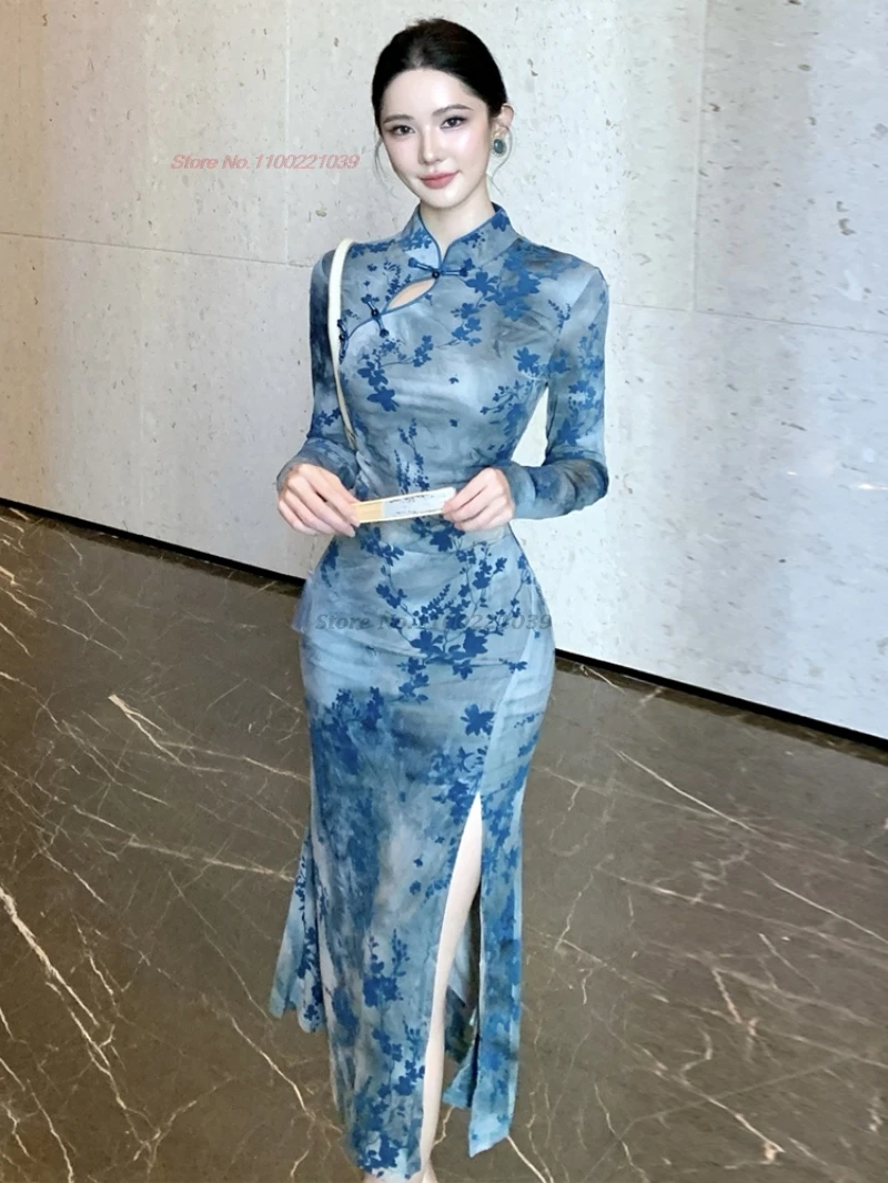 

Китайское винтажное платье Cheongsam 2021, сетчатое бархатное вечернее платье Ципао с цветочным принтом, традиционное сексуальное платье Ципао для ночного клуба, платье