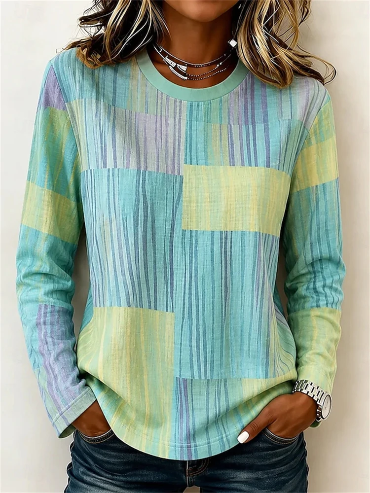 New Women's Fall Crew-Neck Long-Sleeve T-Shirt Patchwork Print Long-Sleeve Comfortable Casual Loungewear Fashionable Top