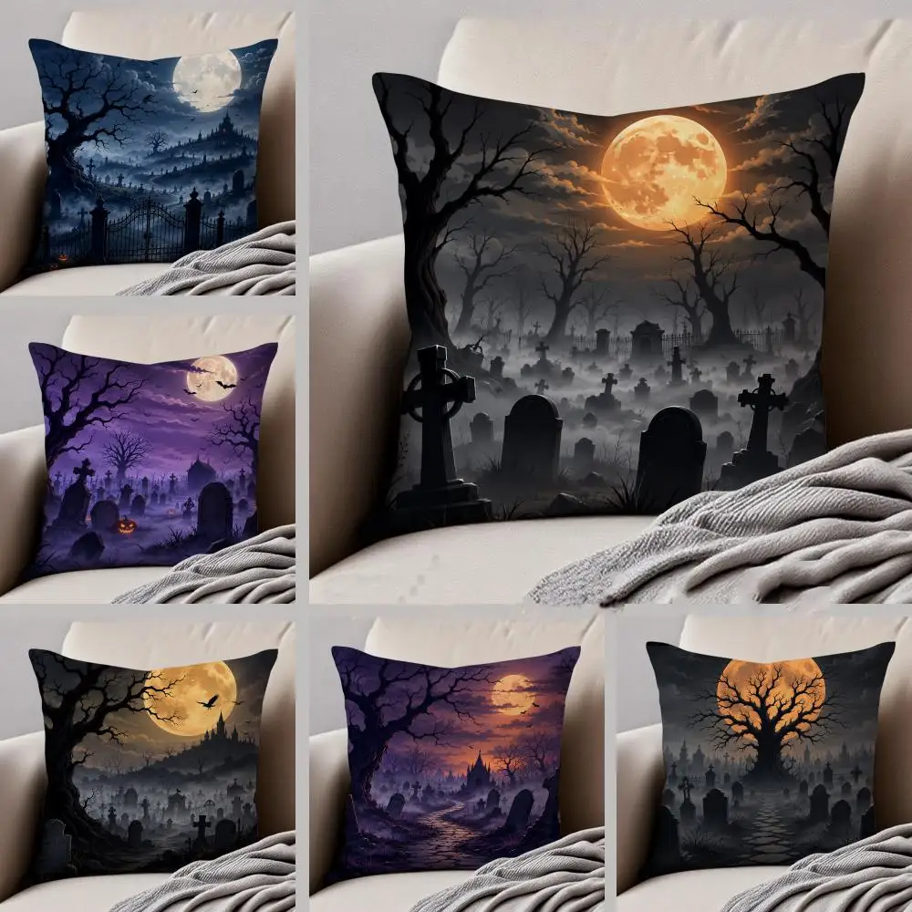 Halloween Graveyard Panorama Cushion Cover Throw Pillow Cover Hidden Button Durable Polyester Chair Cushion