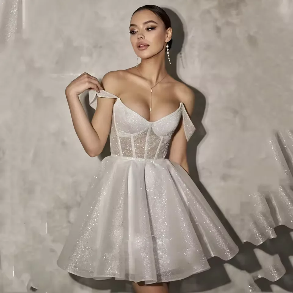

Customized Short Wedding Dress Spaghetti Strap V Neck Shiny Glitter Bride Dresses Mini Evening Dresses for Special Occasions