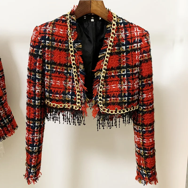 

Getspring Plaid Woolen Women Blazer Jacket Metal Chain Tassel Jackets Dropship Wholesale Vintage Women Coat 2024 Autumn Winter