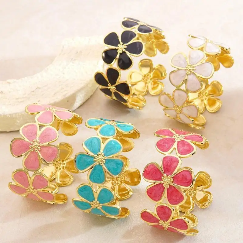 French Inspired Floral Stainless Steel Bracelet Hand Dripped Oil Paint Gold Plated Women Fashion Jewelry