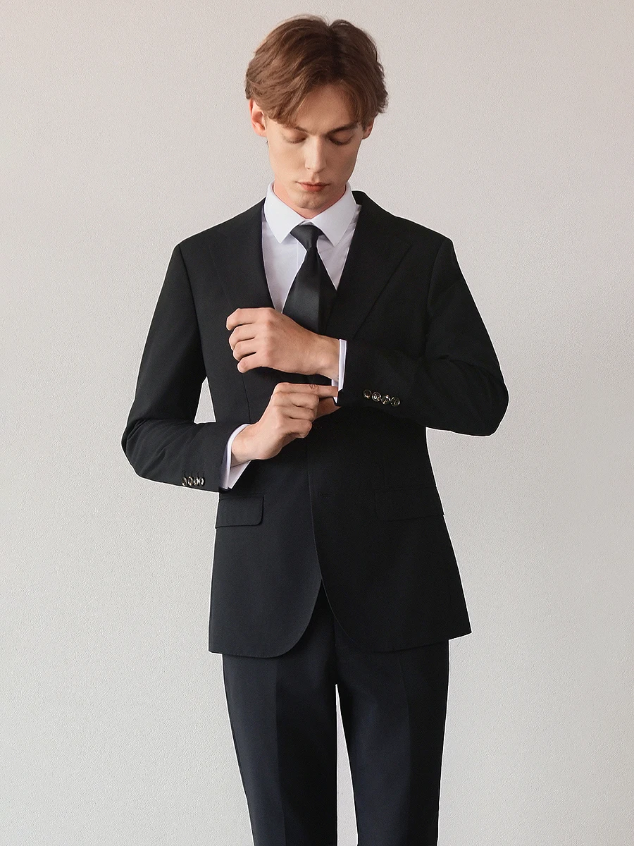 

Machine Washable Wool Suit for Men Black Business & Wedding Blazer Set Lightweight Groom Tuxedo for Spring/Summer Jacket + Pant