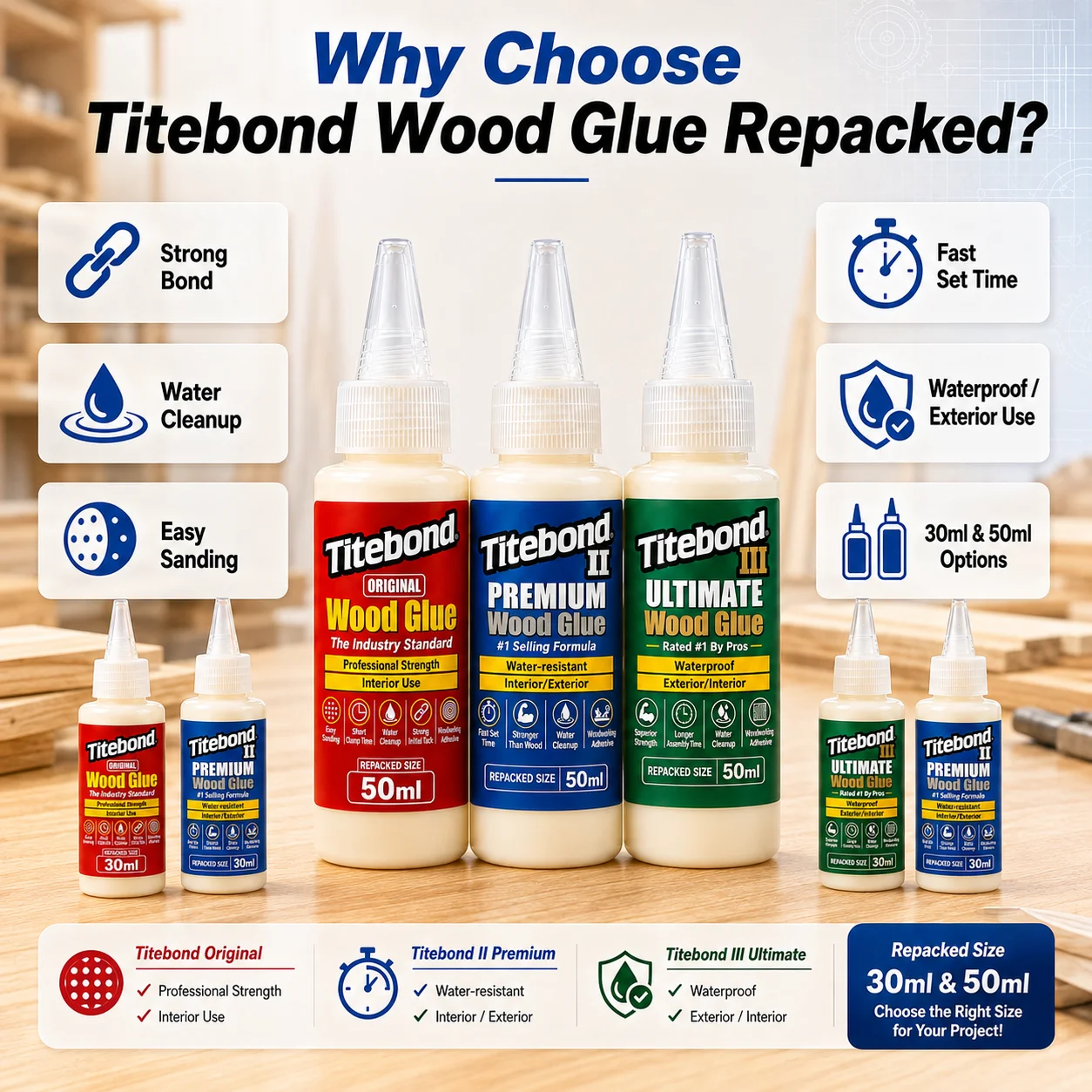 Titebond I II III Wood Glue Repacked High Strength Woodworking Adhesive for Furniture Cabinet Carpentry DIY Repair 30ml 50ml