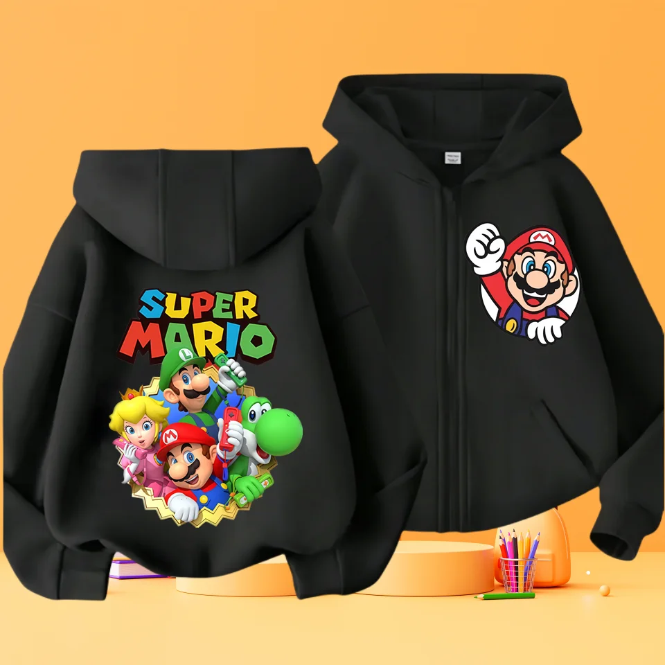 Marios Kids Zip Up Hoodie, Front & Back Print Mario Luigi Yoshi Peach Graphic Jacket, Boys Girls Casual Hooded Coat