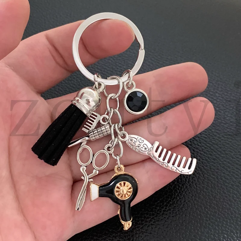 Nueva moda peinado regalo encanto borla llavero joyería retro mini tijeras de peluquería secador de pelo peine llavero manual DIY