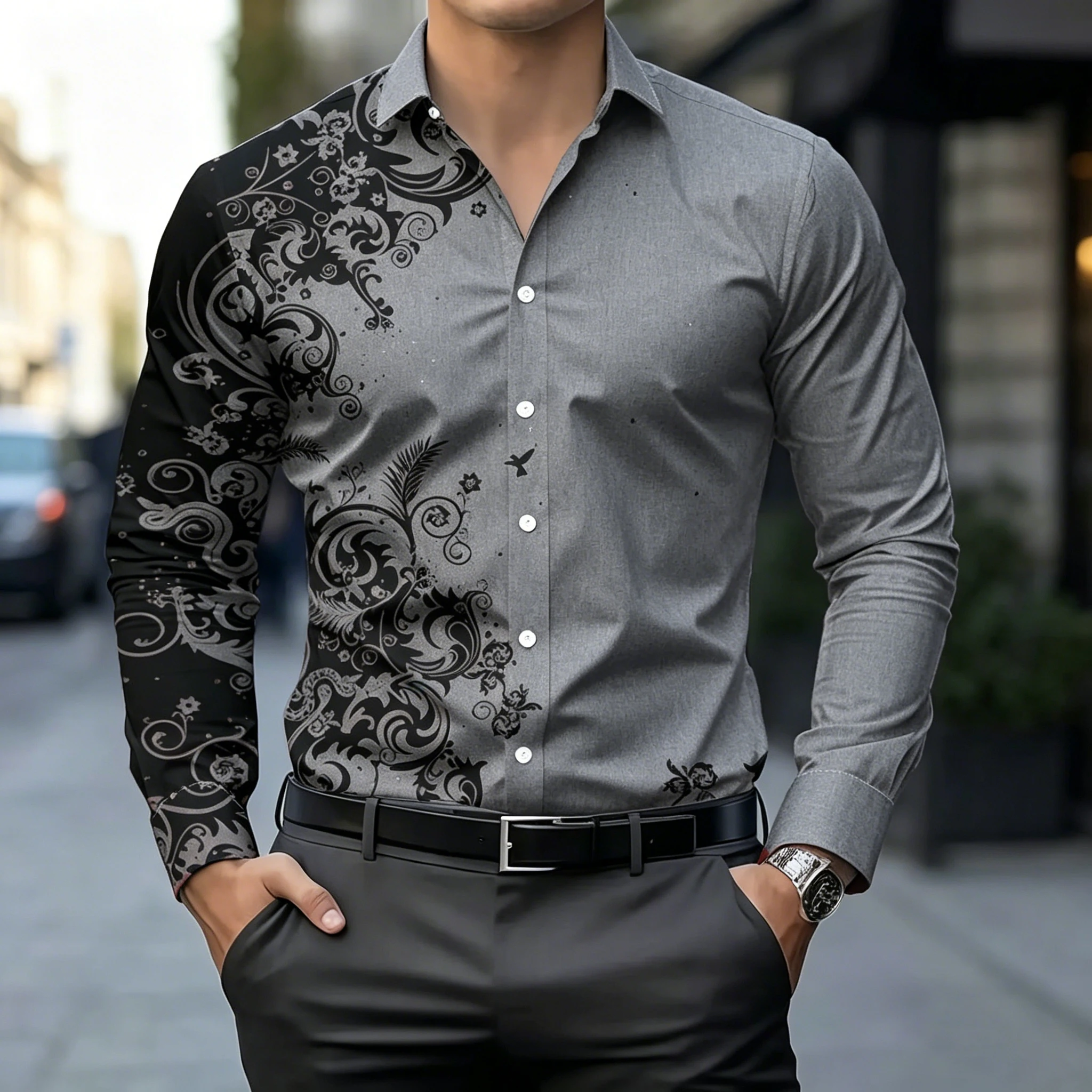 Retro Gothic Palace Flower Pattern Men's Two Color Contrast Long Sleeve Slim Muscle Party Dress Top