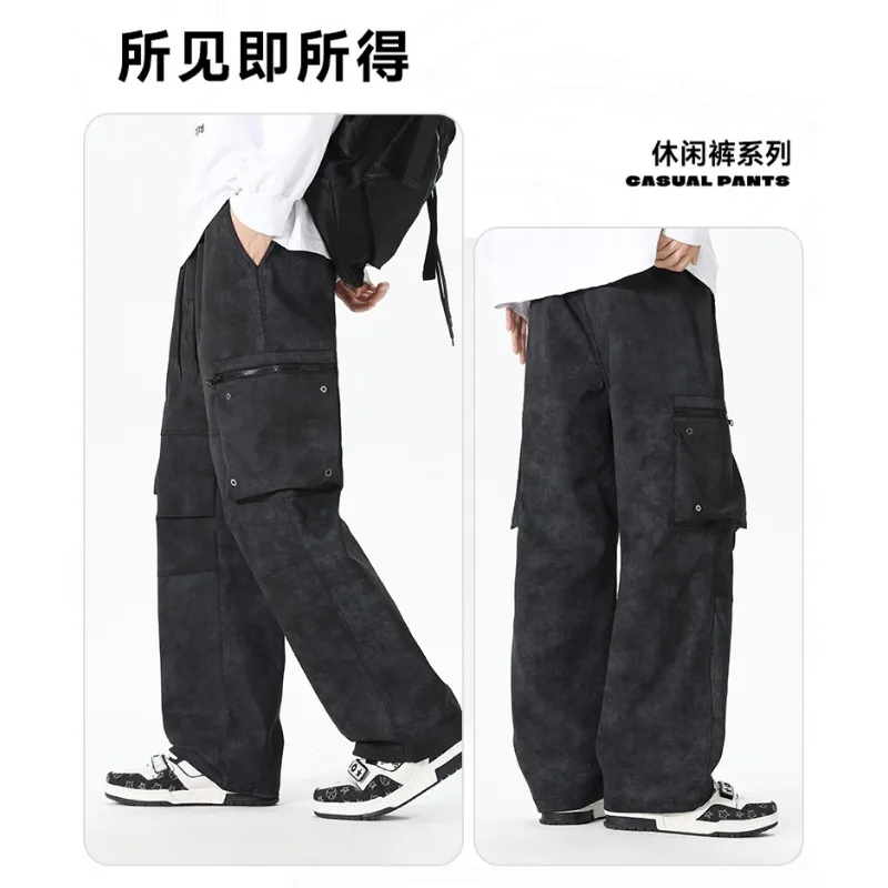 Pantalones elásticos de cintura alta con bolsillo para hombre, ropa de trabajo informal americana, a la moda y versátil, pantalones de pierna ancha para primavera y otoño