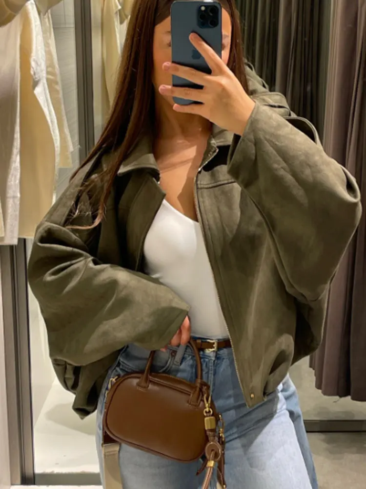 

TFAFXY повседневные шикарные куртки-бомберы женские с длинным рукавом на молнии свободные пальто мода 2025 осень-зима уличная верхняя одежда