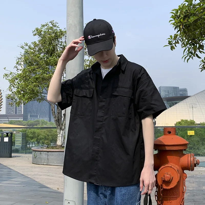 Summer Retro Functional Style Five-point Short-sleeved Work Shirt Men's Korean Style Loose Couple Casual