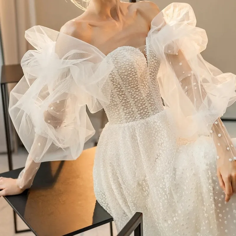 

Charming Graceful Puffy Wedding Accessories Elegant Detachable Tulle Sleeves Simple Cute Dot Bridal Fingerless Gloves SWD538