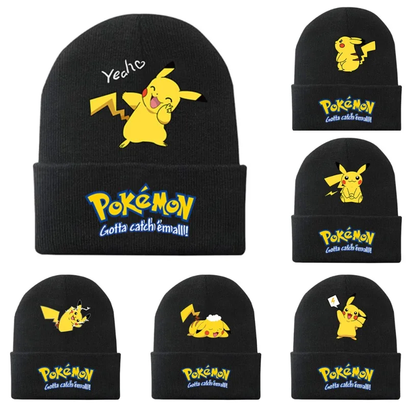 Anime Pokemon Knitted Caps Cute Pikachu Printed Winter Warm Beanies Hat Kids Unisex Outdoor Embroidery Bonnet Christmas Gifts