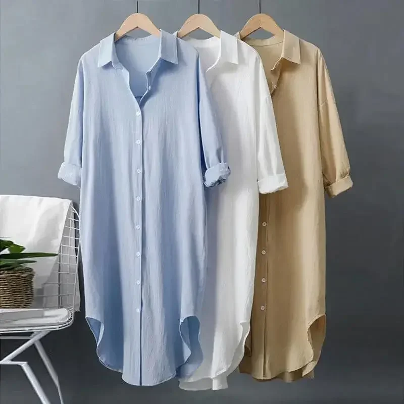 

2025 Spring Casual Women's Blouses Korean Clothing Autumn Vintage Linen Cotton Mid-Length White Shirt Dress For Female Chic Tops