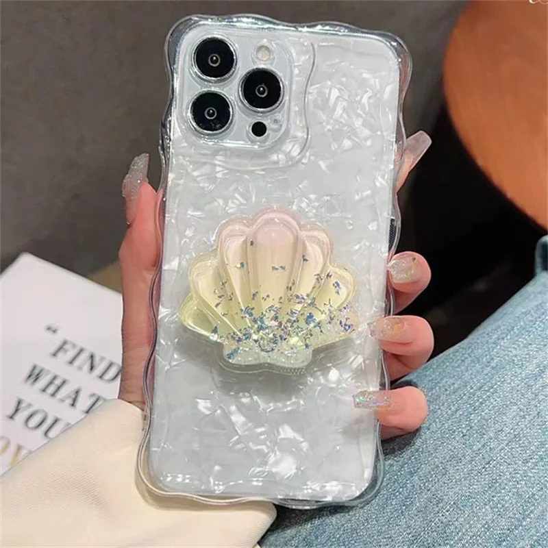 

Korean Style Glitter Shell Phone Air Cushion Holder Desk Lazy Gadget Retractable Foldable Airbag Phone Stand Case Festival Gifts