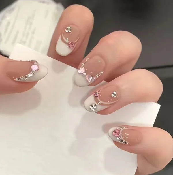 Short Oval White French Press On Nails with Pink Heart & Rhinestones