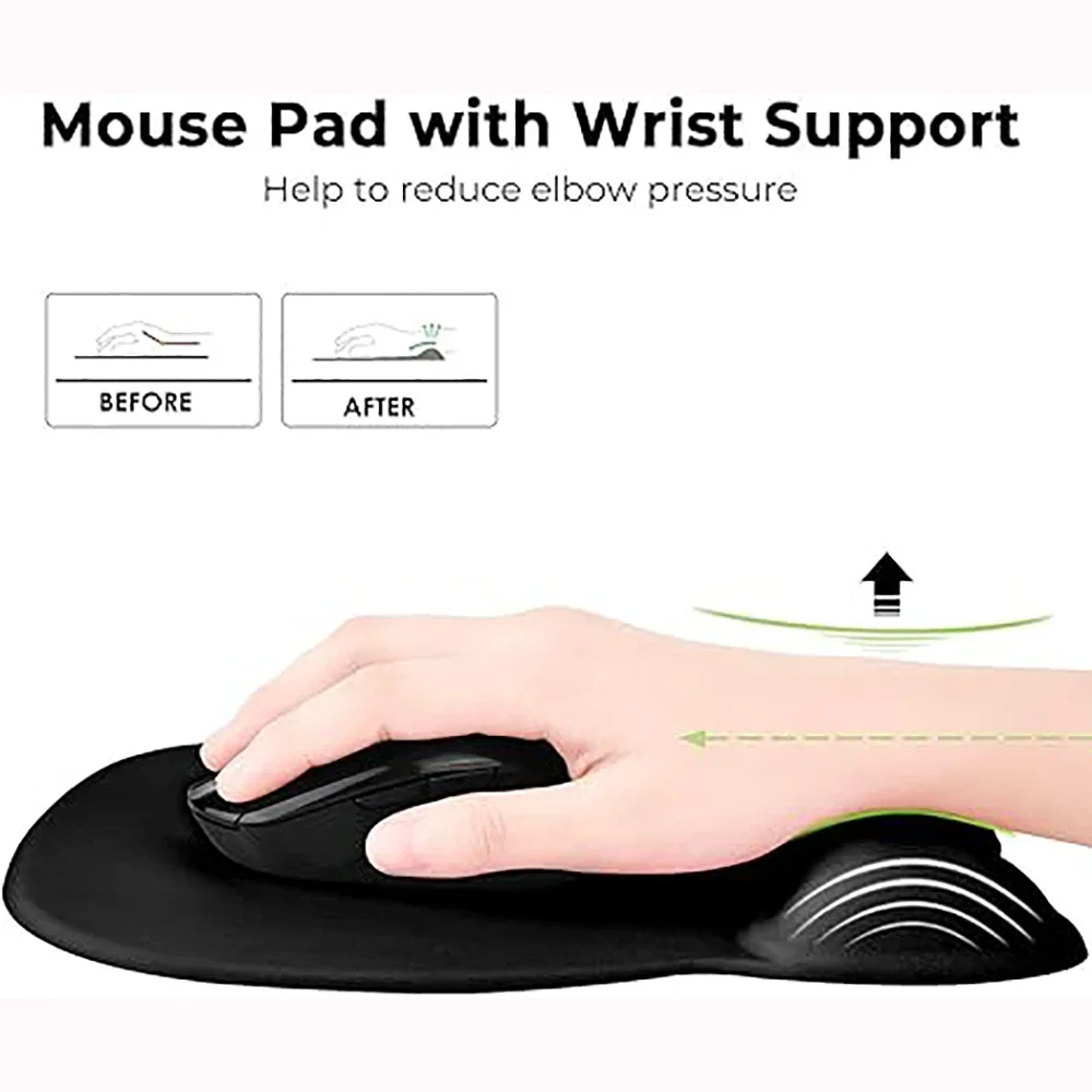 Mouse pad com suporte para pulso, mousepad ergonômico com descanso de pulso de espuma viscoelástica e base antiderrapante acessórios de mesa de escritório-preto