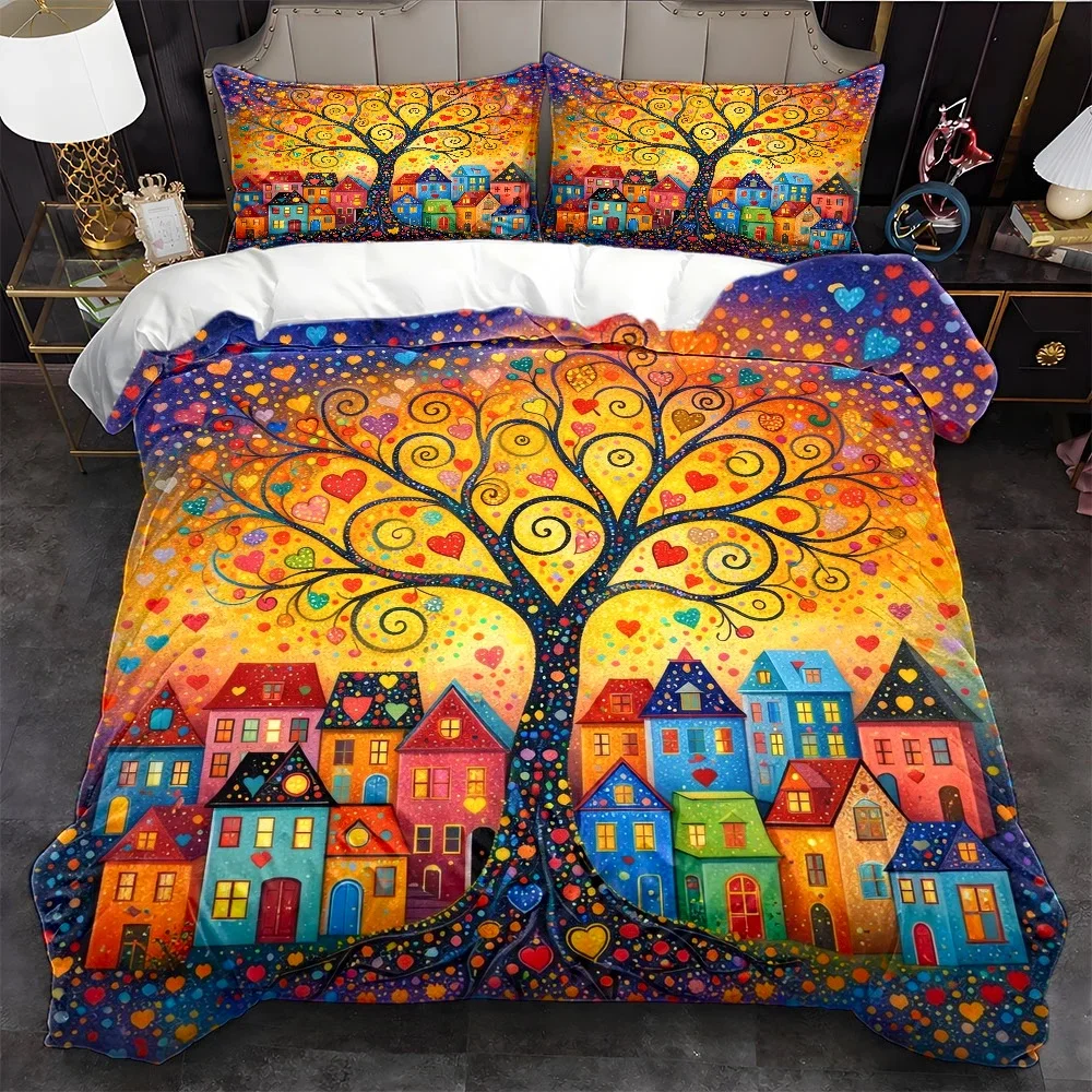 3Pc Fairy Tale Heart Tree Colorful House Duvet Cover Set, Three-Piece Bedding Set (1*Duvet Cover + 2*Pillowcases), Suitable for All Seasons, Machine Washable, Invisible Zipper Double Bed Cover, Suitable for Home, Dormitory, Master Bedroom, Guest Room, Large Cartoon Art Print Bedding Set, Colorful Fairy Tale Style Bedding, Durable and Skin-Friendly Bedroom Bedding Set, 2D Flat Print
