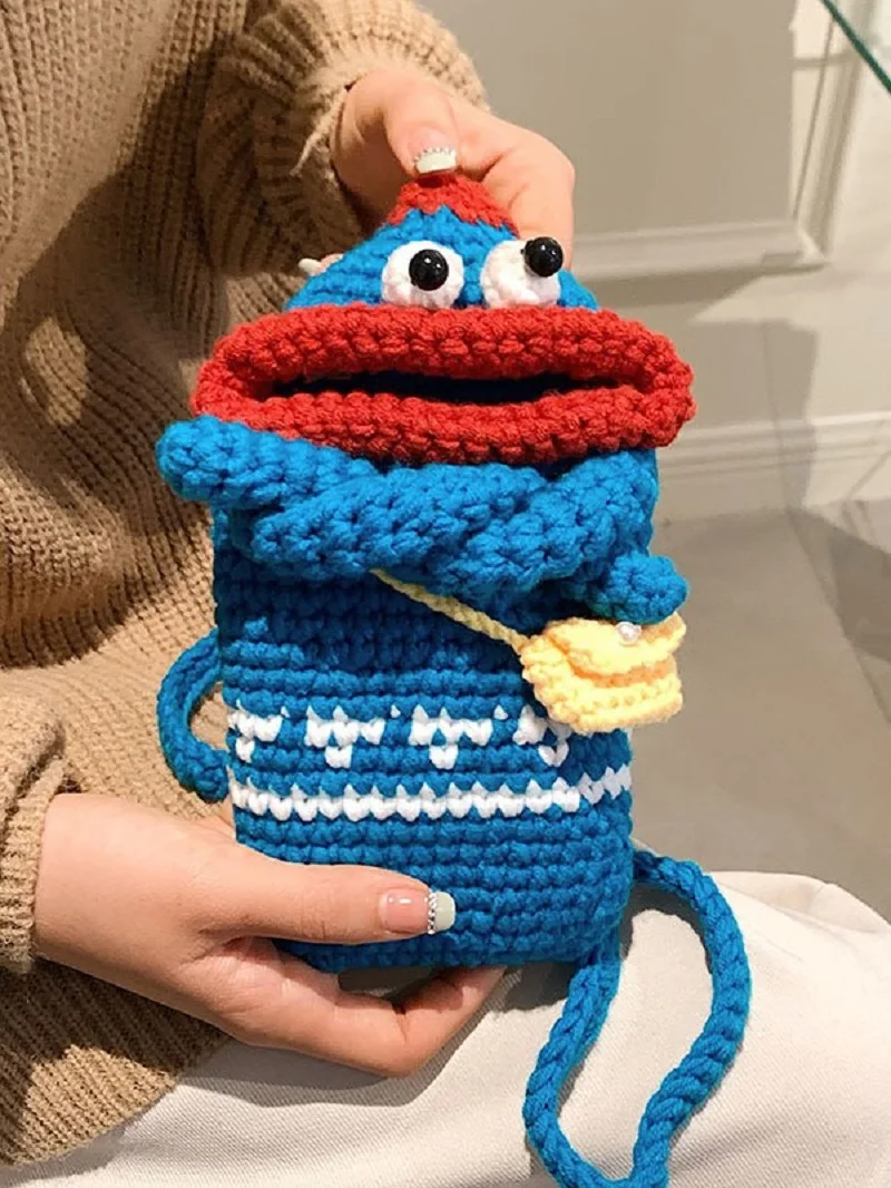 Funny Woolen Hook Woven Sausage Mouth Phone Bag Cute Crochet Sausage Mouth Doll Key Holder Storage Bag Wallets Knitting Bag