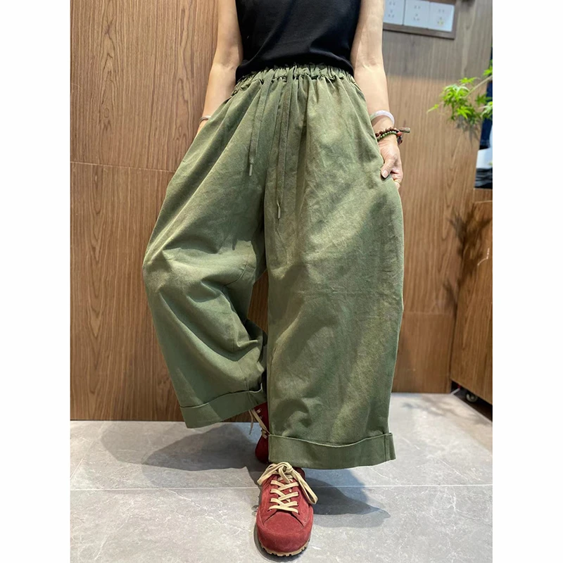 

Осенние женские свободные брюки до щиколотки с эластичной резинкой на талии, универсальные повседневные однотонные хлопковые шаровары высокого качества TX128