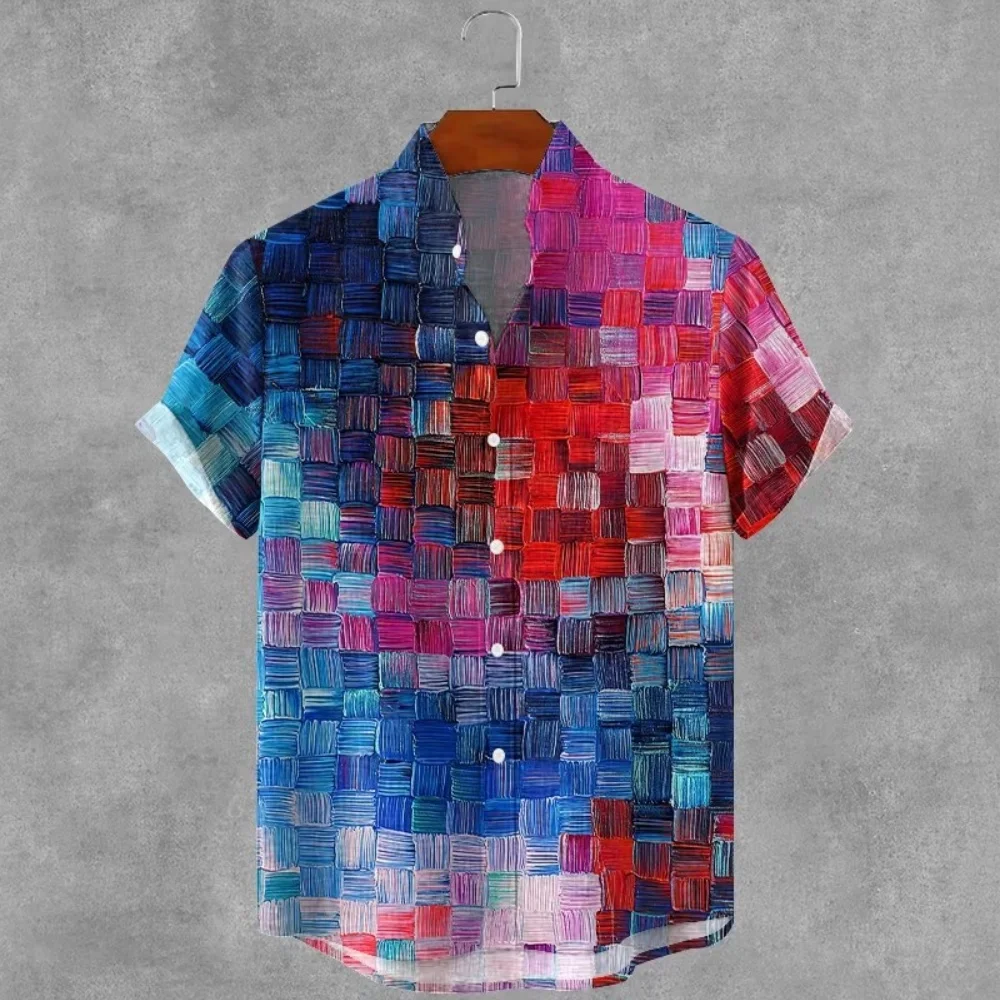 

New red and blue gradient woven texture plaid print men's short sleeved shirt stand up collar casual shirt