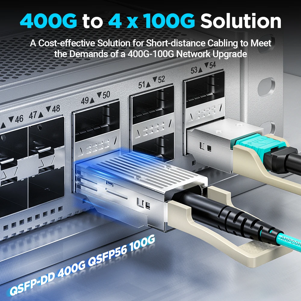 AMPCOM QSFP56 브레이크아웃 액티브 광 케이블, 시스코, 미크로틱, 포티넷, 유비퀴티 등용 AOC 어셈블리, 400G QSFP-DD, 4x100G