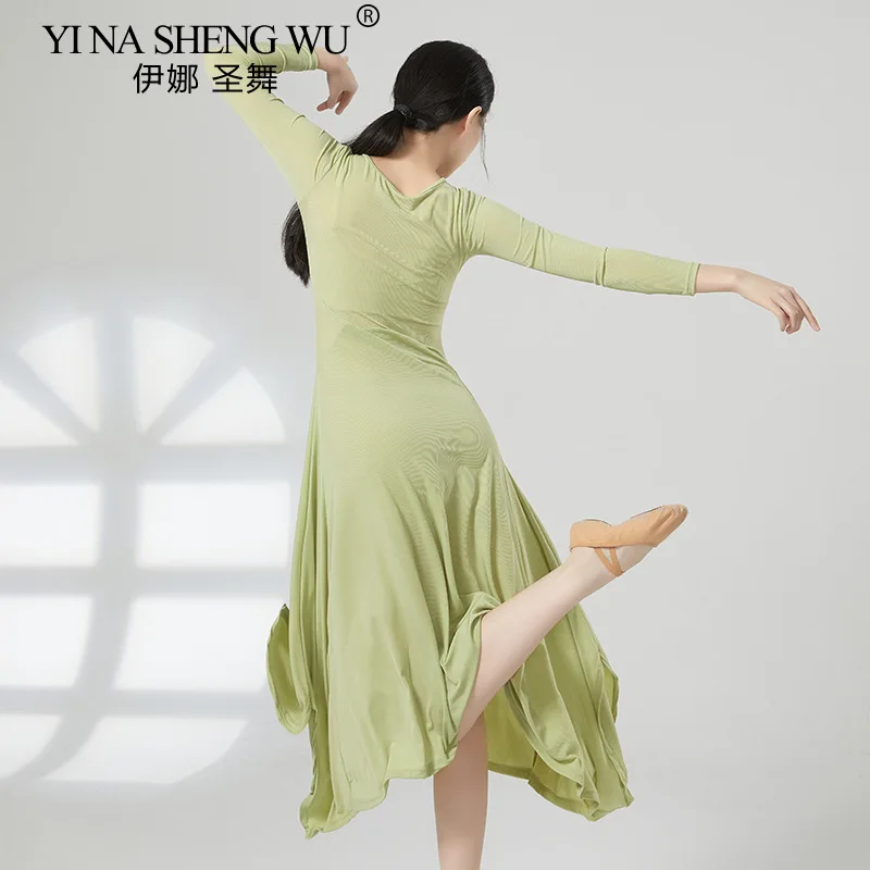 새로운 클래식 댄스 드레스 슬리밍 솔리드 컬러 현대 민속 무용 연습 스커트 드레스 의상 여성 볼룸 댄스