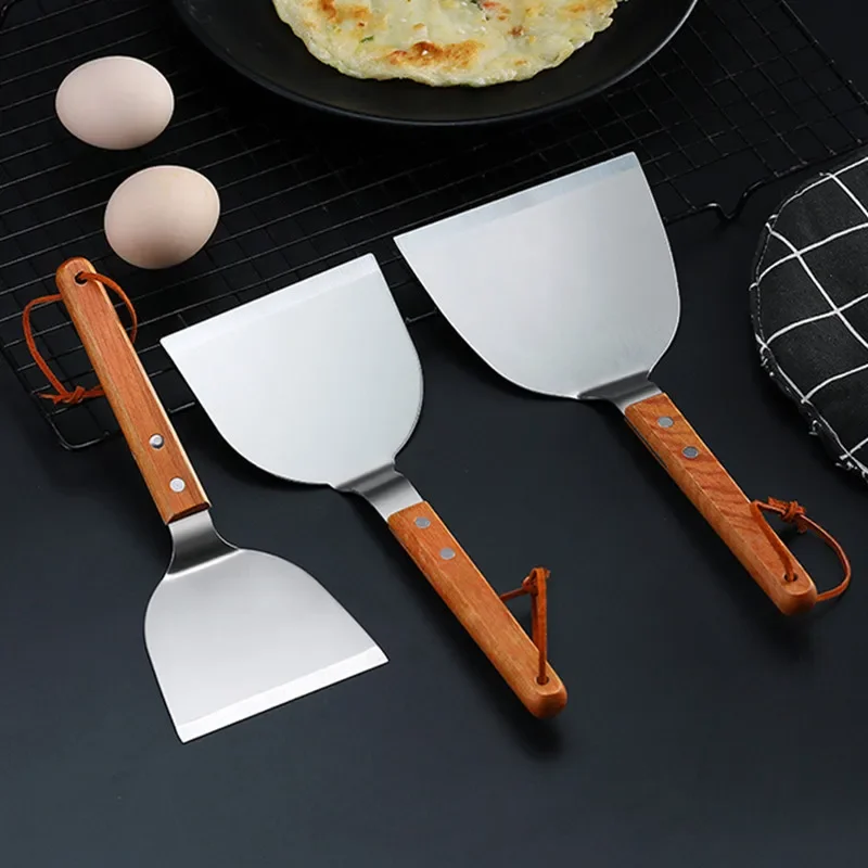 Stainless Steel Wooden Handle Teppanyaki Shovel Non-Slip Frying Fish Pancake Turners Kitchen Cooking Utensils