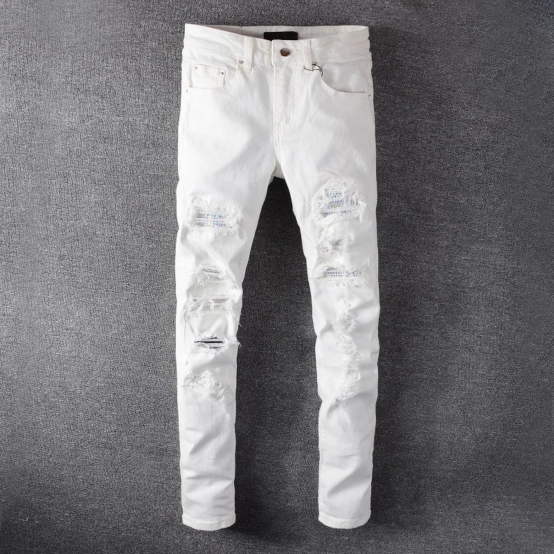 Street Designer High Street Fashion NewMen's Jeans Elastic Slimming Retro Beaded Patch White Jeans Hip Hop Pants HombreY2K