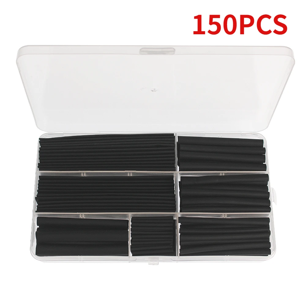 150 Stuks Krimpkous Kit Zwart Thermoresistant Buis Elektrische Aansluiting Draad Kabel Isolatie Sleeving Waterdichte 2:1