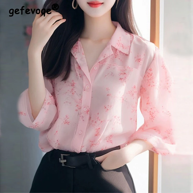 Women Korean Fashion Floral Print Button Up Shirt Street Sweet Chic Lapel Blouse Casual Long Sleeve Loose Tops Camisas De Mujer