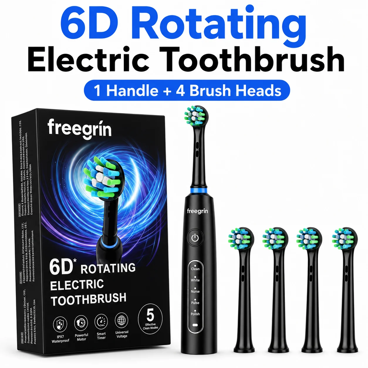 Freegrin 6D Rotating Electric Toothbrush, 4 Brush Heads, 5 Modes Soft Bristles, IPX7 Waterproof, Type-C Rechargeable, Black