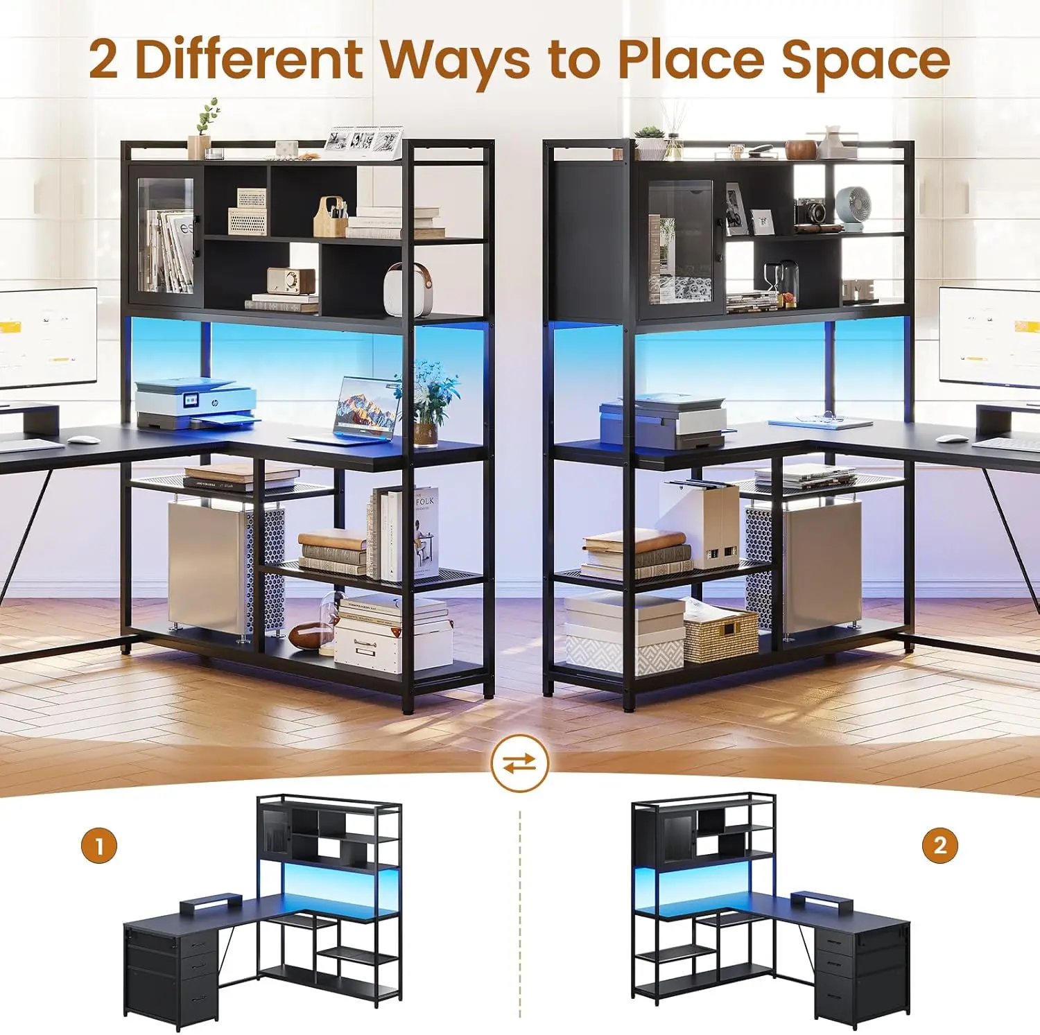 SEDETA L Shaped Computer Desk, 58'' Office Desk with 3 Drawers and Bookshelf, L Shaped Corner Desk with Storage Shelves and LED