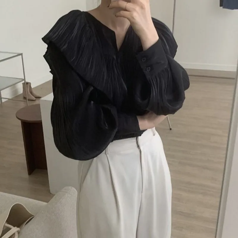 Female Spring Summer Fashion Casual Ruffles Solid color O-neck Women shirts Korean office Lady VersatLoose Long sleeve top tee