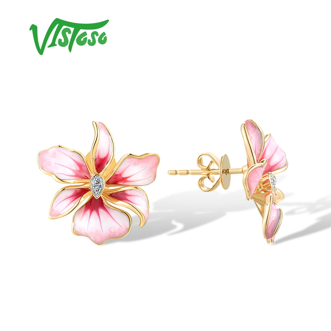 VISTOSO Genuine 14K 585 Yellow Gold Stud Earrings For Women Sparkling Diamonds Pink Enamel Flower Wedding Bride Fine Jewelry