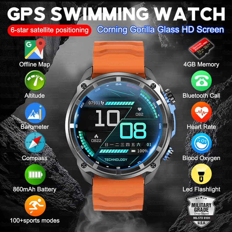 Новые 4 ГБ памяти, двухдиапазонные GPS военные умные часы для мужчин, 5 АТМ, водонепроницаемые, 860 мАч, аккумулятор, компас, альтиметр, умные часы для HUAWEI IOS