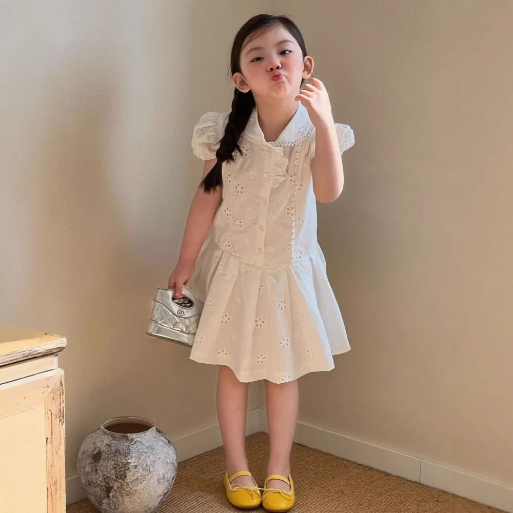 French Style Girls Puff Sleeve Dress 2026, Preppy Cute Embroidered White Shirt Dress for Little Girls for 90-150cm