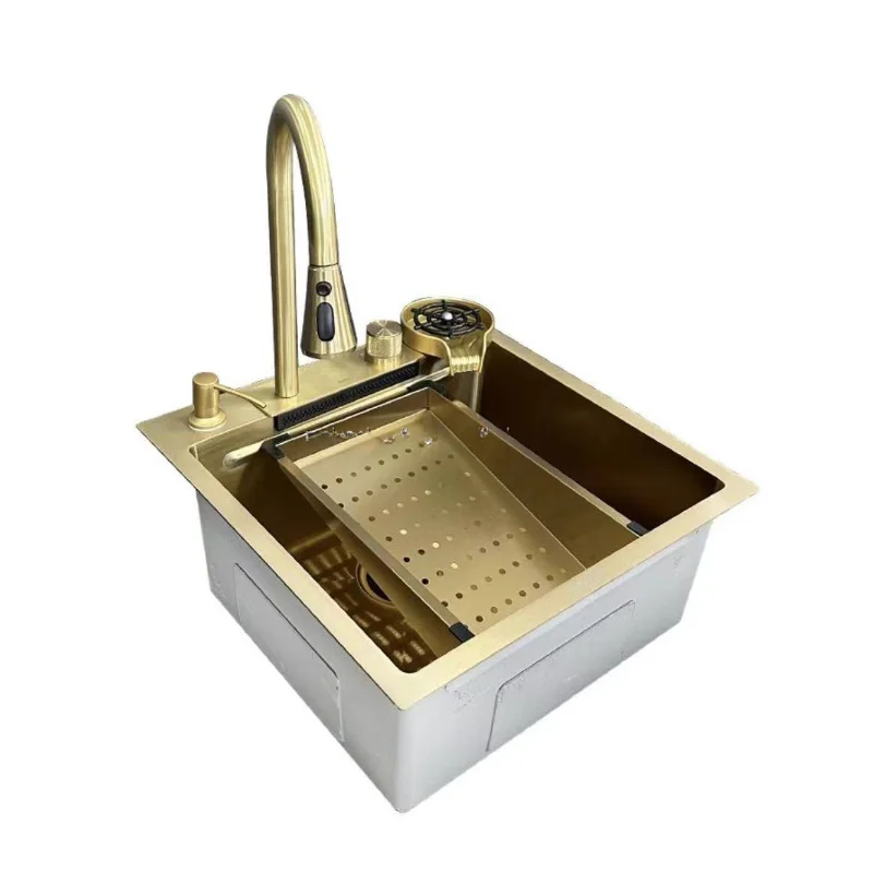 

30 32 Gold Waterfall Sink Gold 304 Stainless Steel Faucet Handmade Kitchen Sink