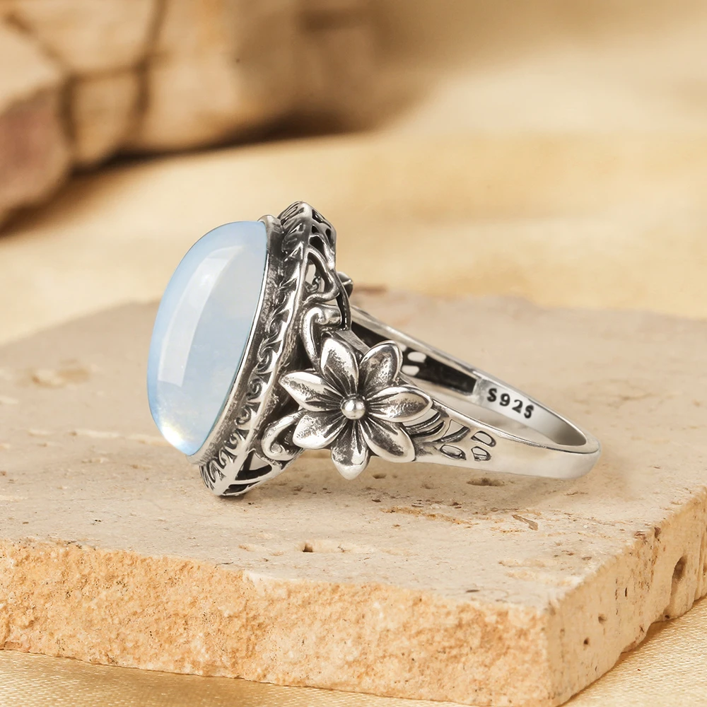 Ring aus 925er Sterlingsilber mit natürlichem Aquamarin, ovale Form, 10 x 14 mm, großer Stein und Blume, Vintage-Retro-Silberschmuck für Damen – Detail 3