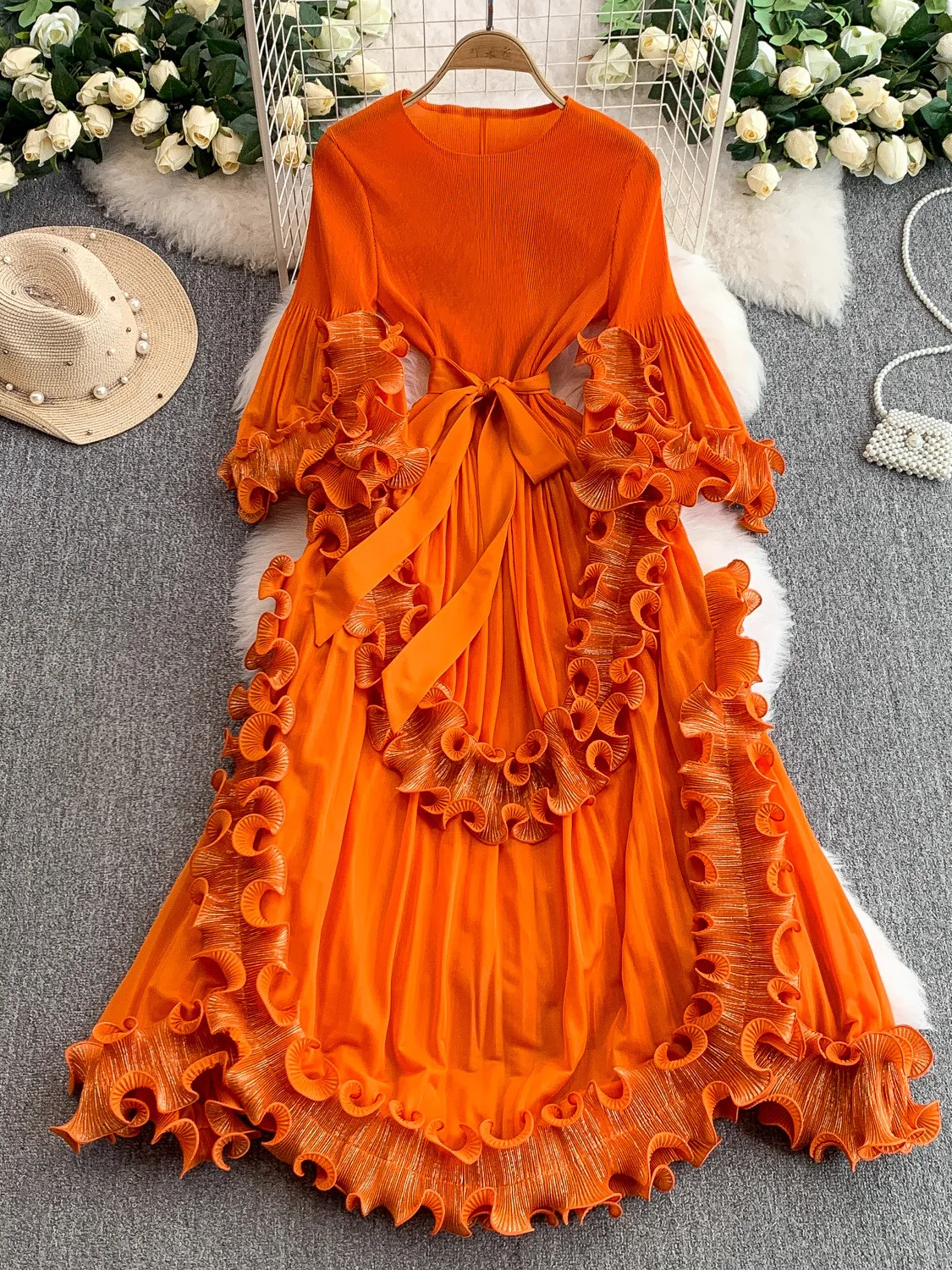 Miyake Pleated Dress Socialite High-end Heavy Industry Three-dimensional Fungus Edge Waist Elegant Long Dresses 2025 Summer New