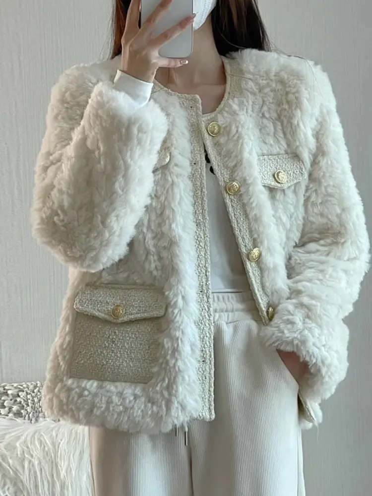 

New Women Short Lamb Wool Jacket 2024 Autumn Winter Thicken Warm Plush Coat Female Fashion Button Stand Collar Outerwear