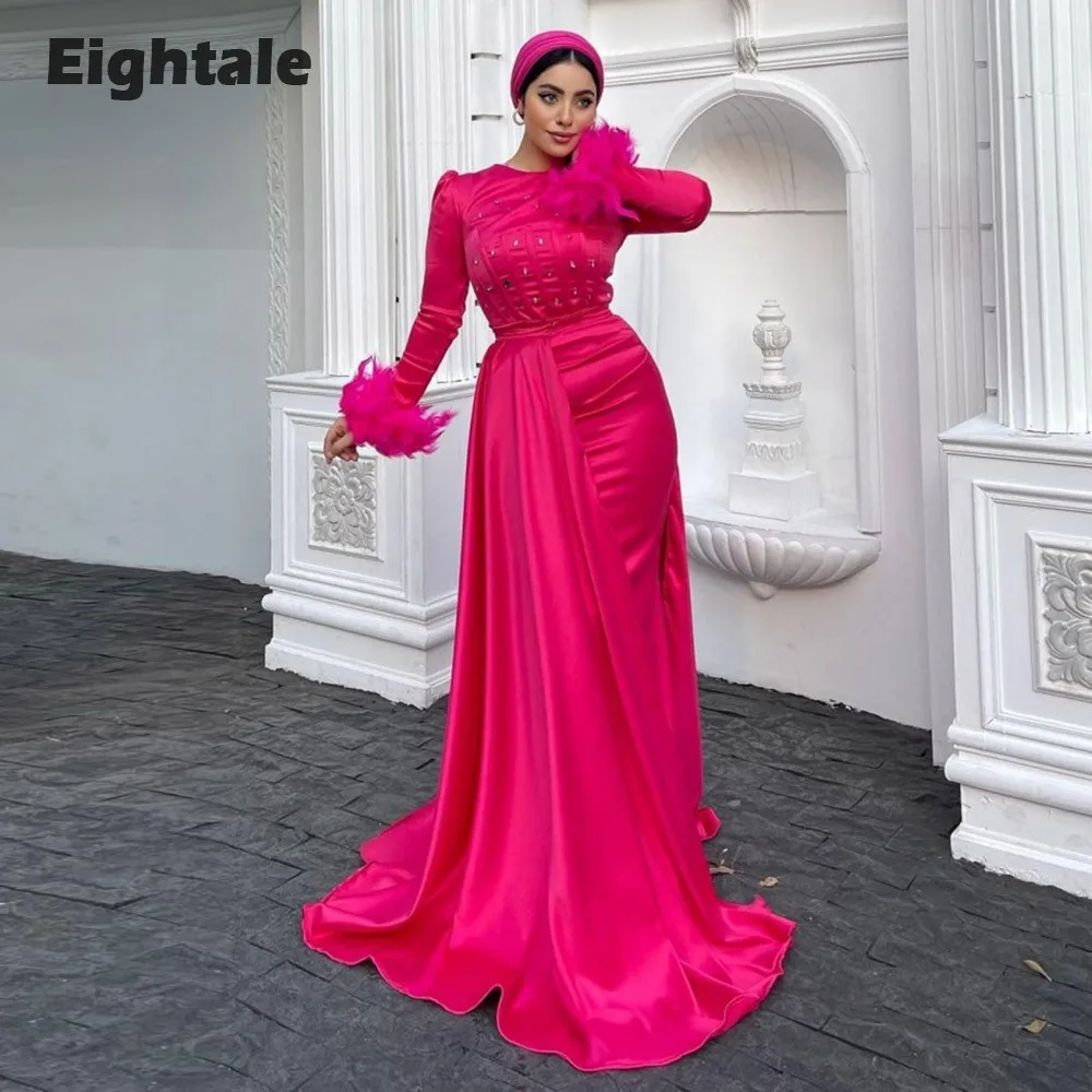 Eightale Arabic Evening Dress for Women O-Neck Beaded Long Sleeves Satin Feather Mermaid Prom Party Gowns robe de soirée femme